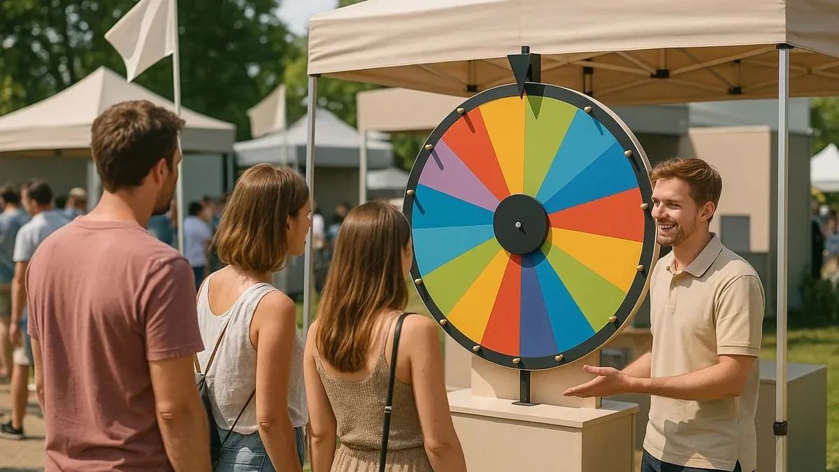 stoisko plenerowe z kołem fortuny i angażującymi gadżetami reklamowymi