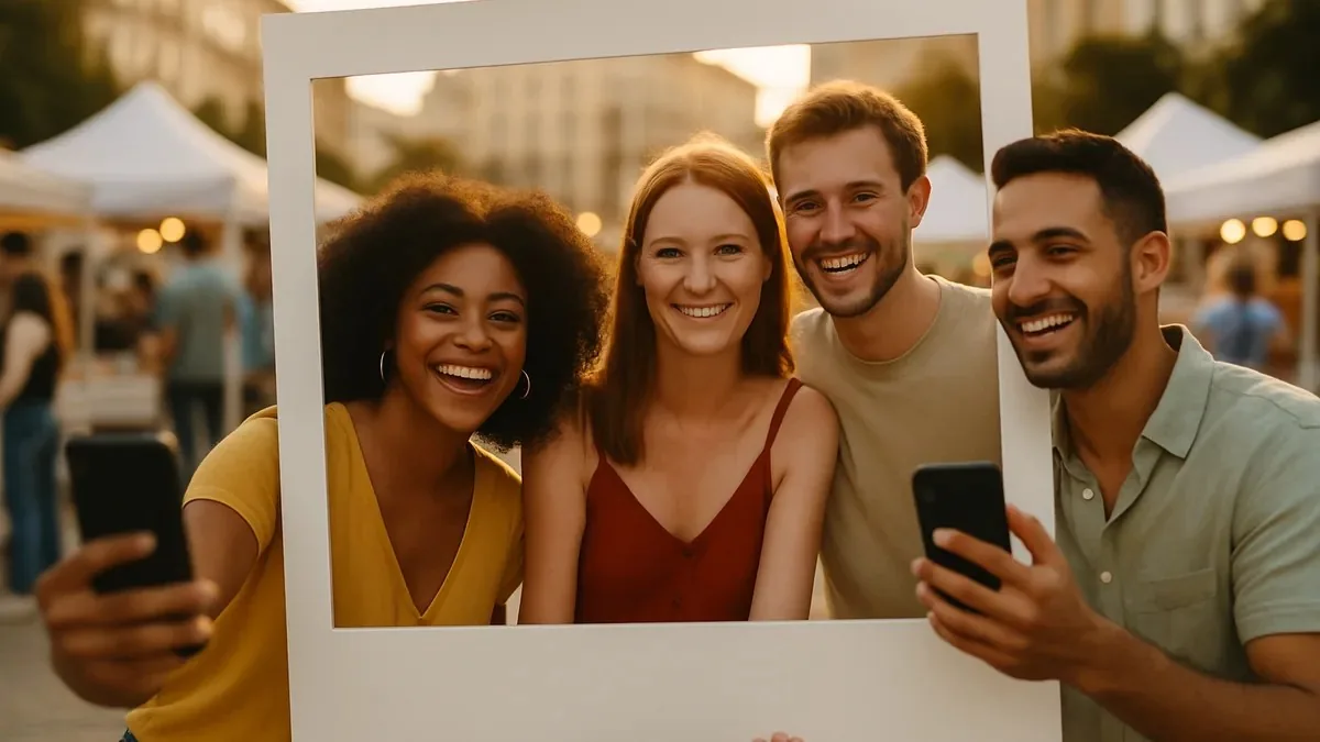 uczestnicy letniego wydarzenia robią zdjęcia z fotoramką reklamową