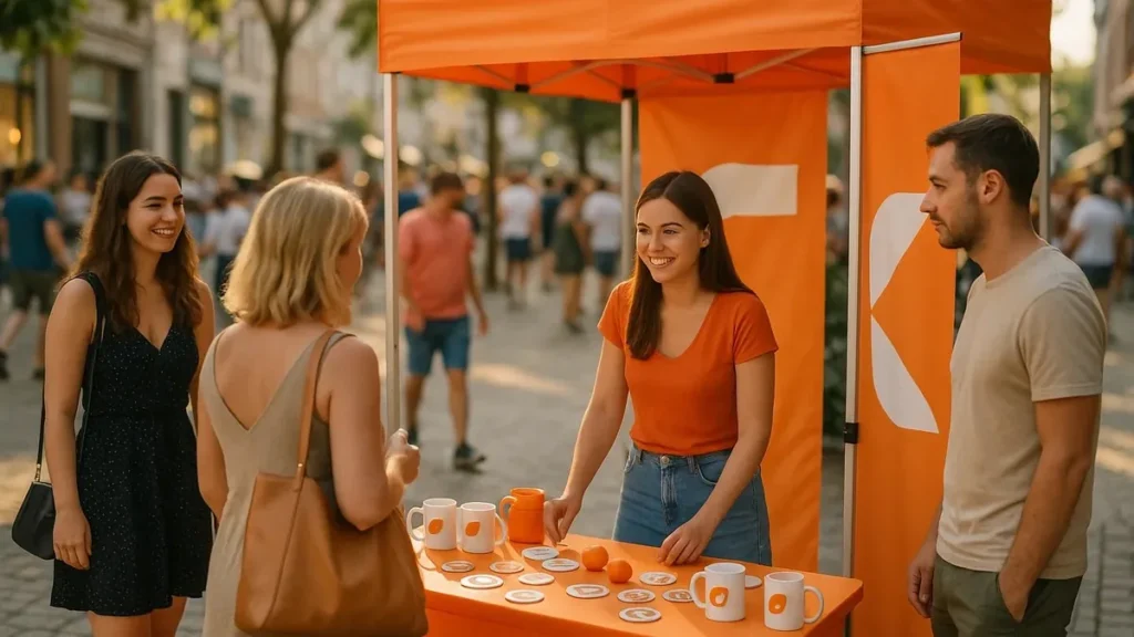 letnie stoisko plenerowe z kolorowymi gadżetami reklamowymi na lato
