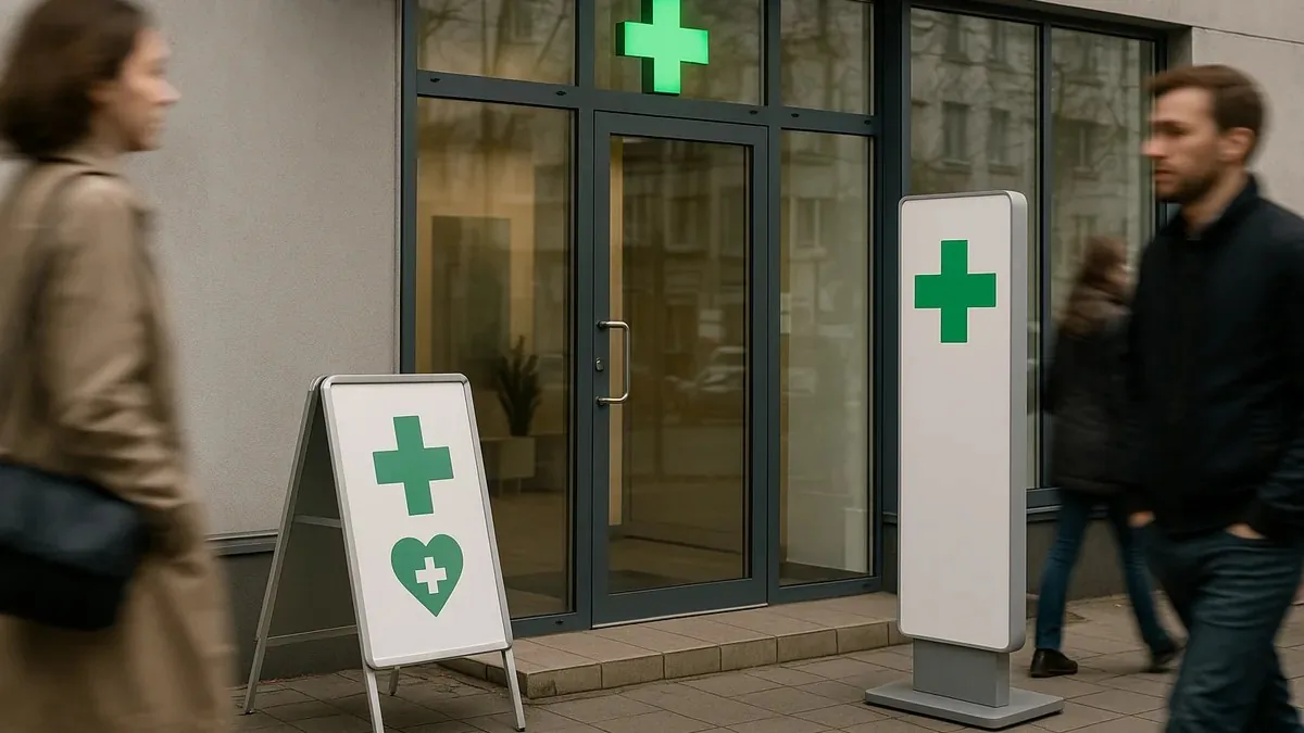 wejście do apteki z zewnętrznym potykaczem i totemem reklamowym