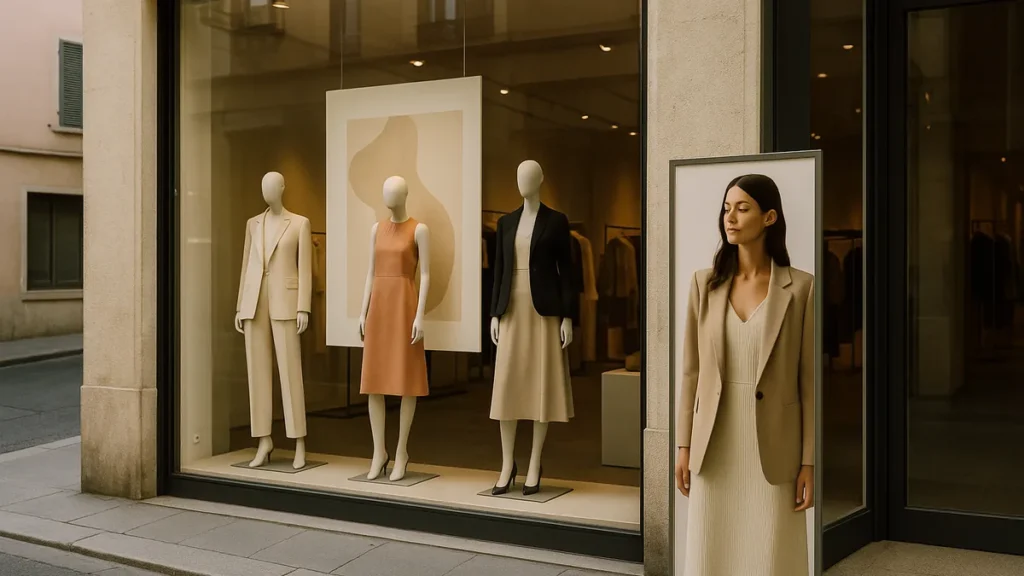 witryna butiku odzieżowego z grafiką reklamową w oknie i standem reklamowym przed wejściem